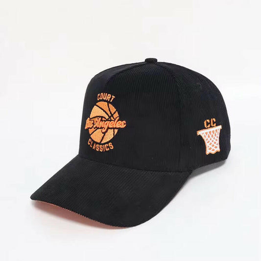 Side view of black & orange corduroy snapback hat – LA 5-panel cap