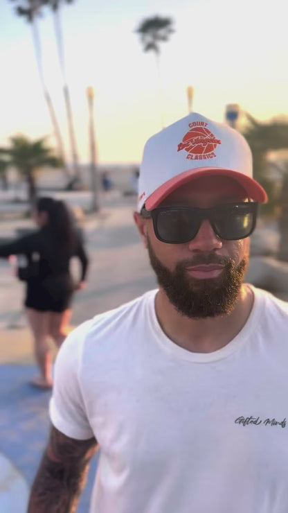 360-degree video of white & orange corduroy snapback hat with Los Angeles embroidery – Court Classics